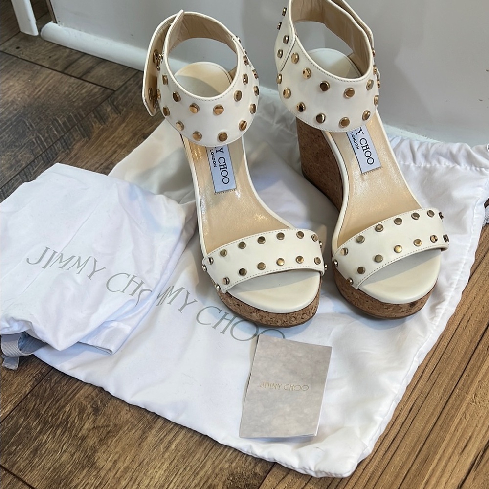 Jimmy Choo White Wedge Sandals with Perforated Straps